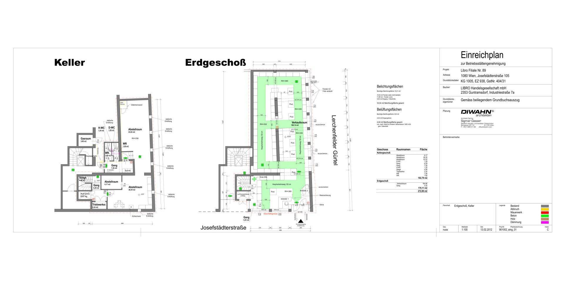 Grundrisspläne für Keller und Erdgeschoss mit detaillierten Raumaufteilungen und Flächenangaben.