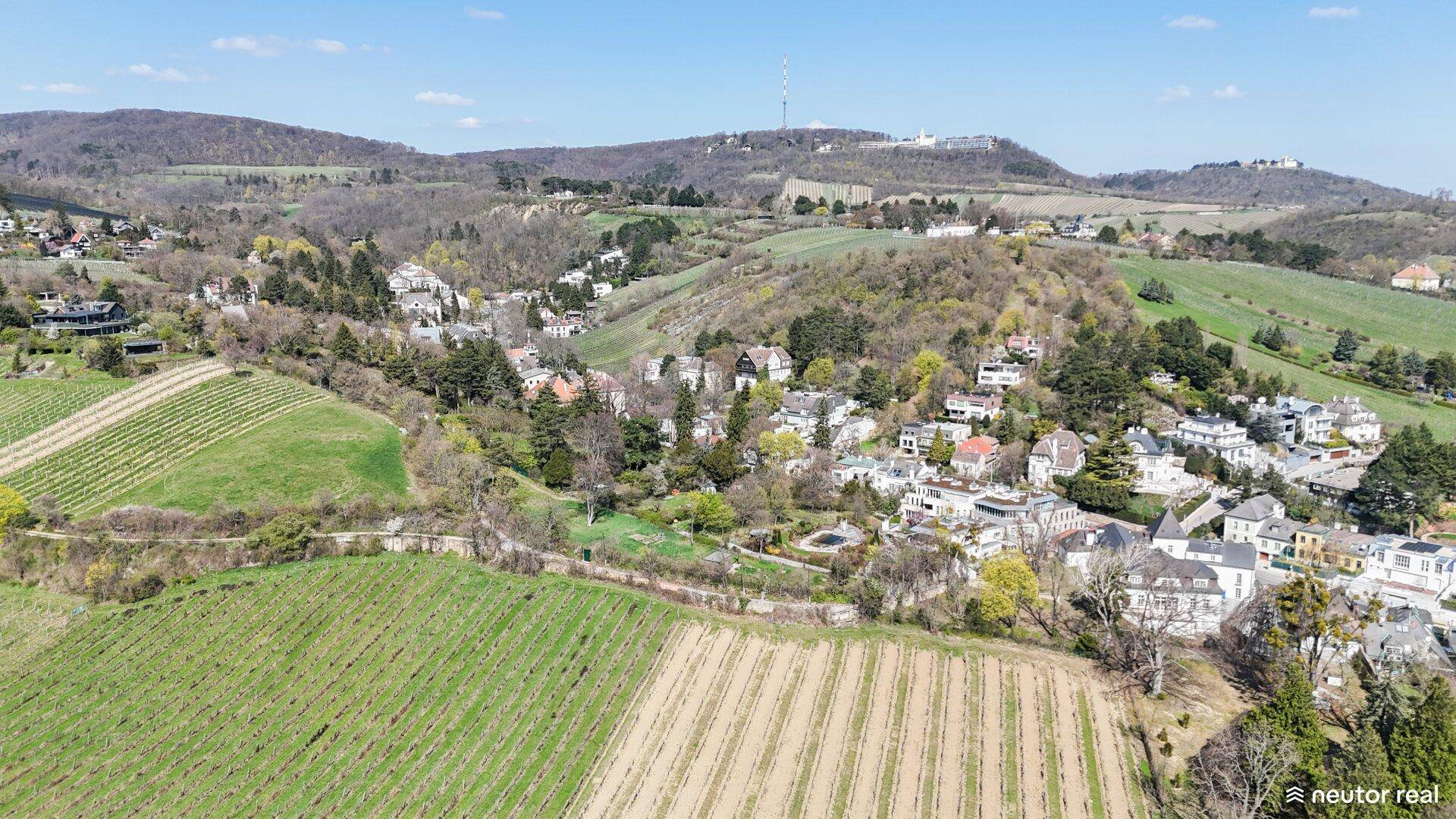 Panoramablick über Weinberge, eine Wohnsiedlung und bewaldete Hügel unter blauem Himmel.