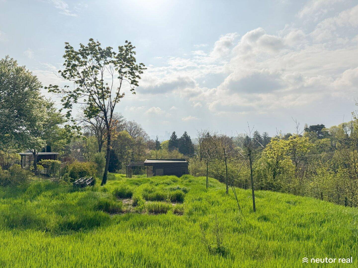 Weitläufige grüne Wiese mit einem kleinen Holzgebäude im Hintergrund unter bewölktem Himmel.