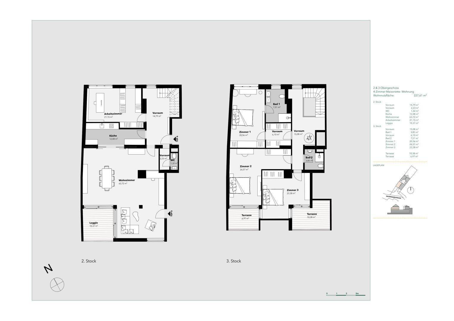 Grundriss einer Maisonette-Wohnung über zwei Etagen mit Loggia und Terrasse.