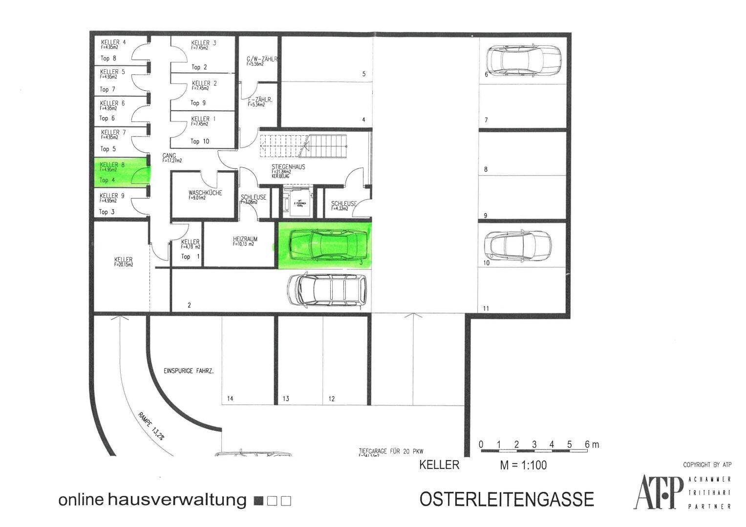 Grundriss des Kellergeschosses mit Tiefgarage, Kellerräumen und Zufahrtsrampe.