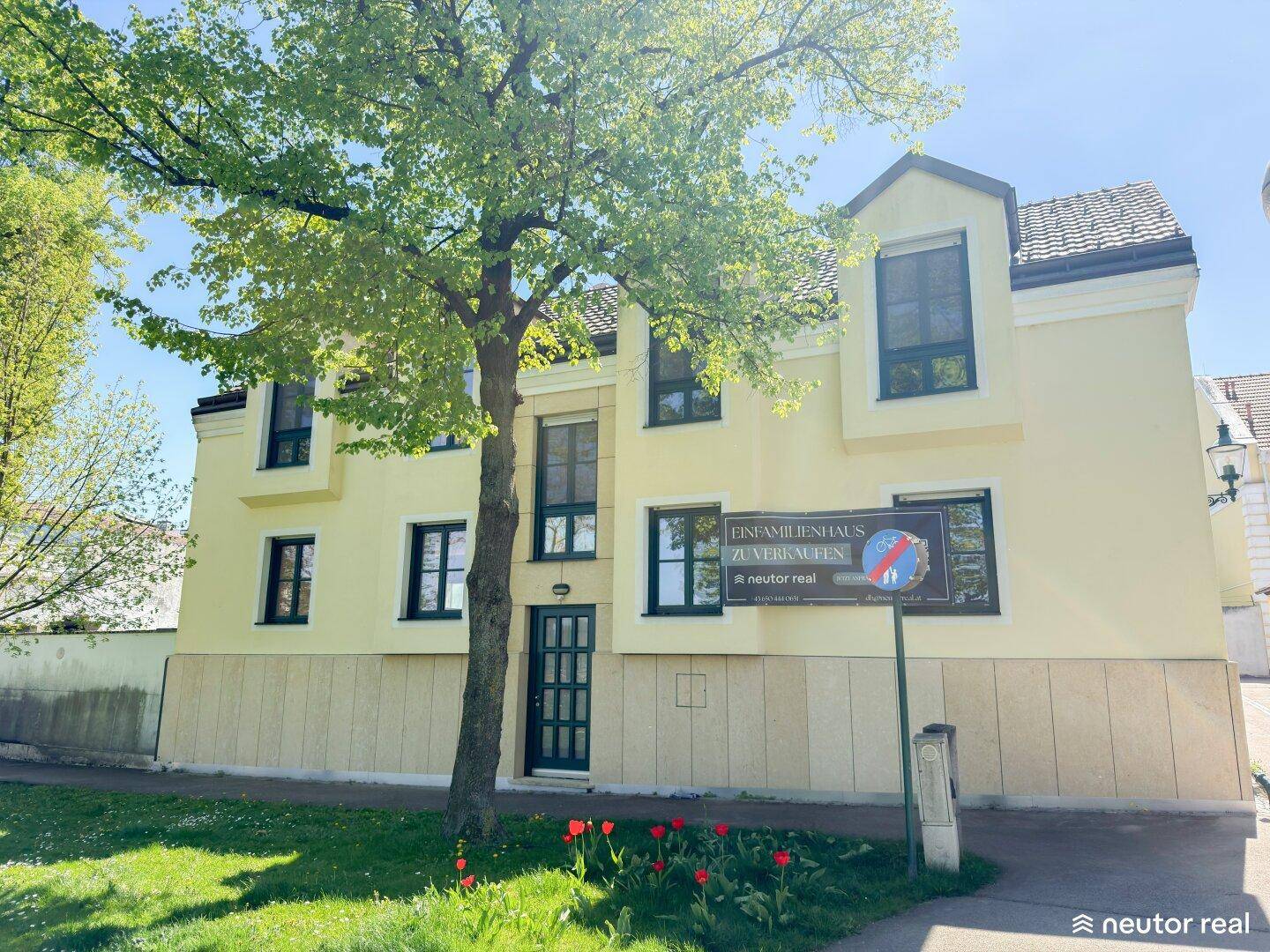 Gelbes Einfamilienhaus mit grünen Fensterrahmen und einem Baum im Vorgarten, gut gepflegt.