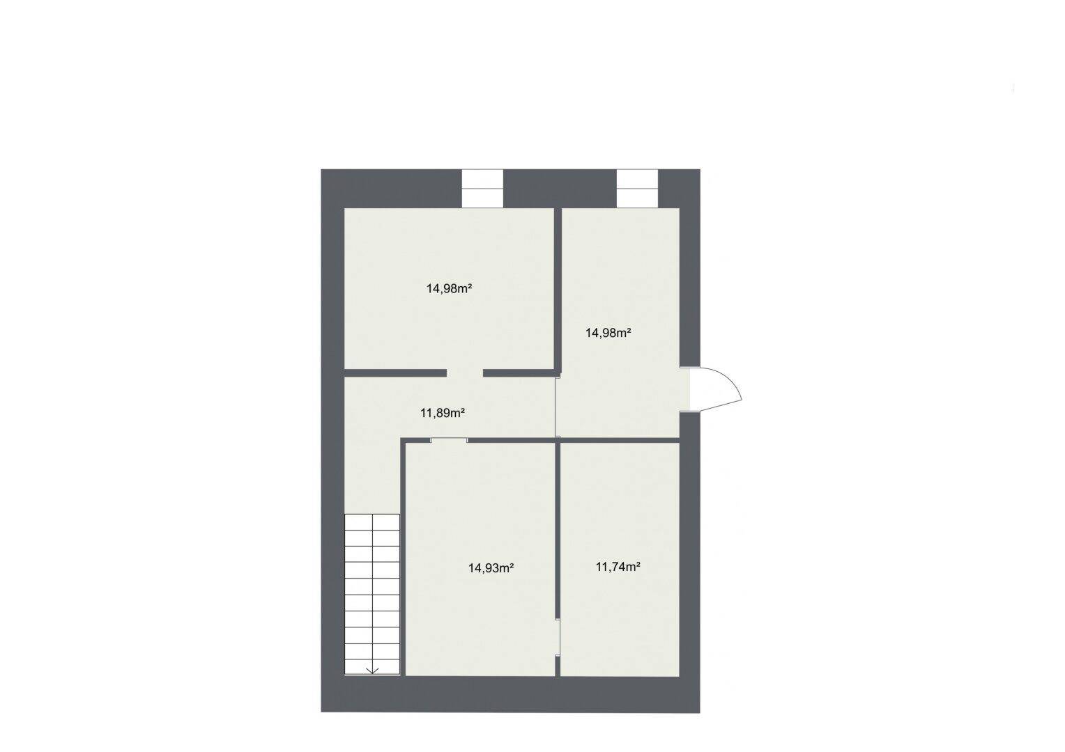 Grundrissplan mit mehreren Räumen und einer Treppe, der die Aufteilung des Geschosses zeigt.
