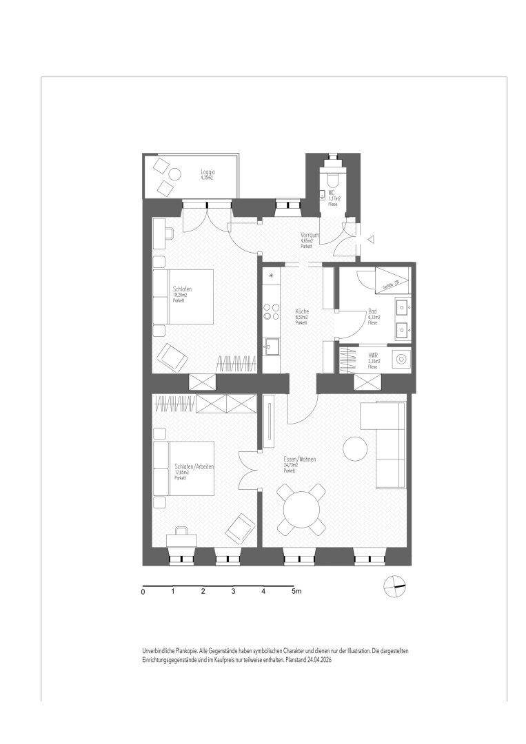 Detaillierter Grundriss einer Wohnung mit mehreren Zimmern und klaren Raumaufteilungen.