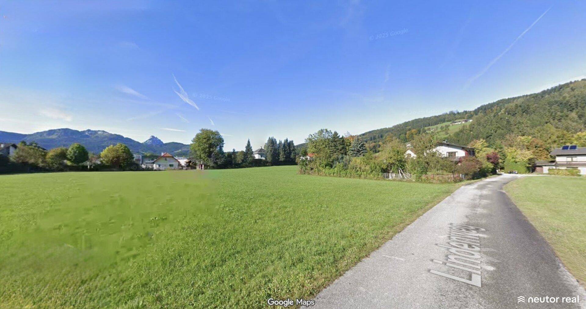 Weitläufige grüne Wiese mit Blick auf die umliegende Berglandschaft unter blauem Himmel.