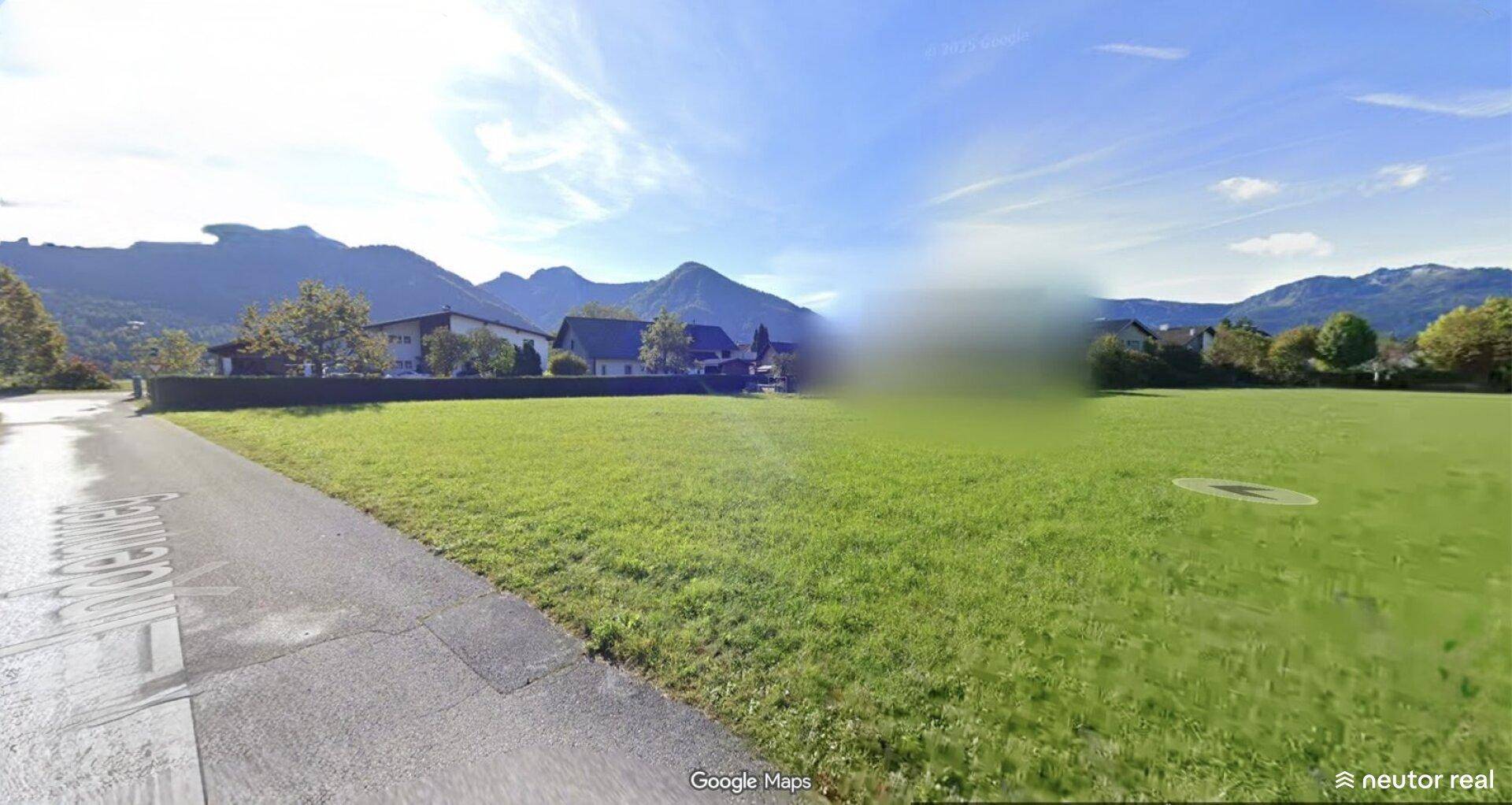Panoramablick über eine weite grüne Wiese mit Bergen im Hintergrund und teilweise unscharfem Bereich.