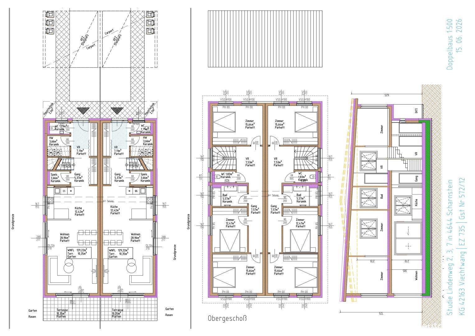Grundrisse für ein Doppelhaus mit Erdgeschoss, Obergeschoss und Schnittansicht.