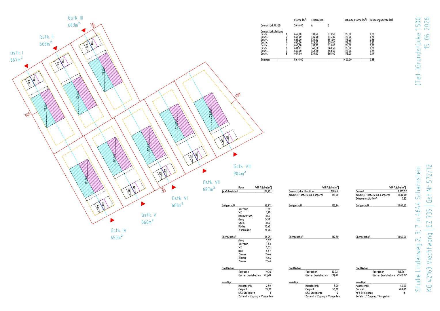 Detaillierter Bebauungsplan mit Grundstücksgrößen und Flächenberechnungen für geplante Häuser.