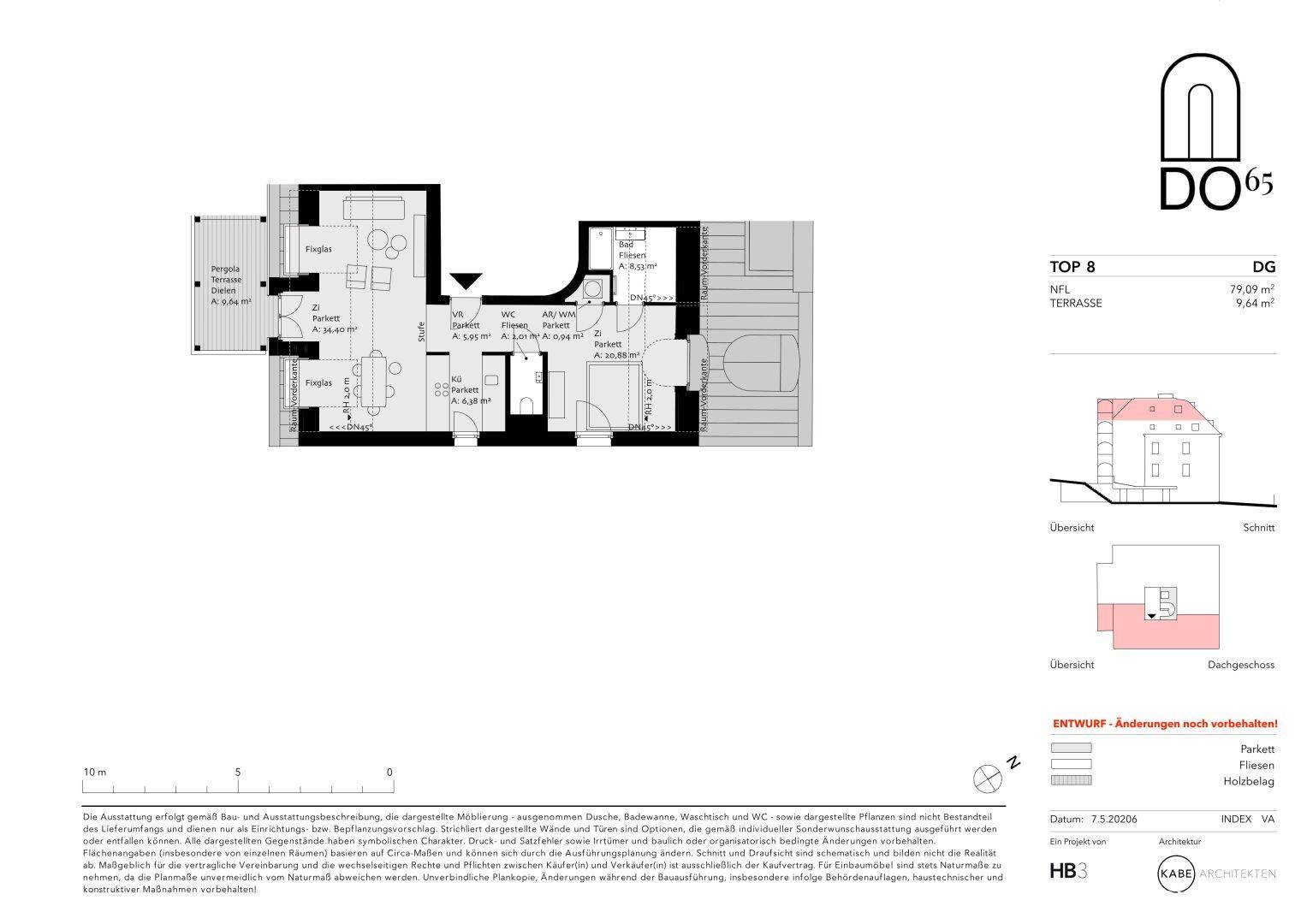 Grundriss einer Dachgeschosswohnung mit Terrasse, offenem Wohnbereich und zwei Schlafzimmern.