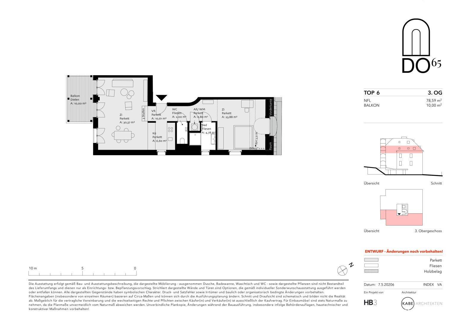 Grundriss der Wohnung TOP 6 im 3. Obergeschoss mit Balkon und offener Raumaufteilung.