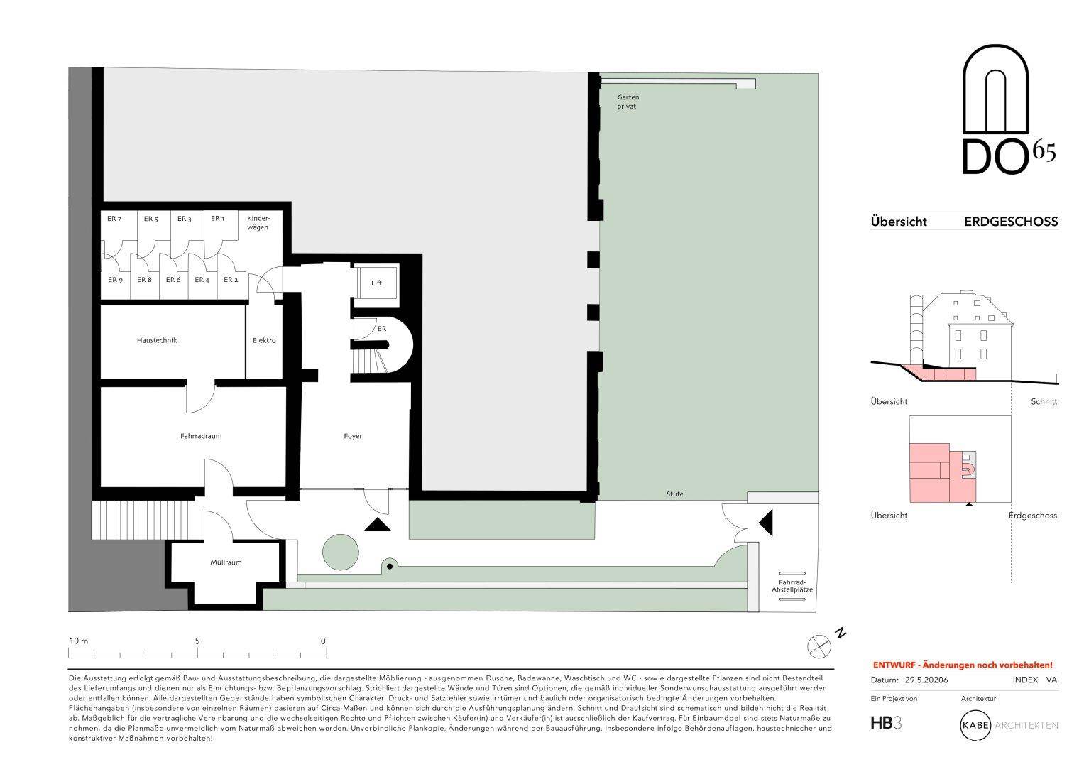 Grundriss des Erdgeschosses mit Garten, Foyer, Technikraum und Lift.