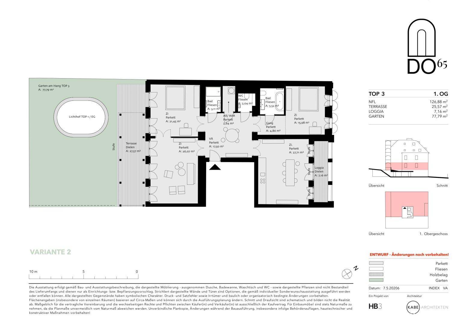 Grundriss der Variante 2 für eine Wohnung im ersten Obergeschoss mit Terrasse, Loggia und Garten.