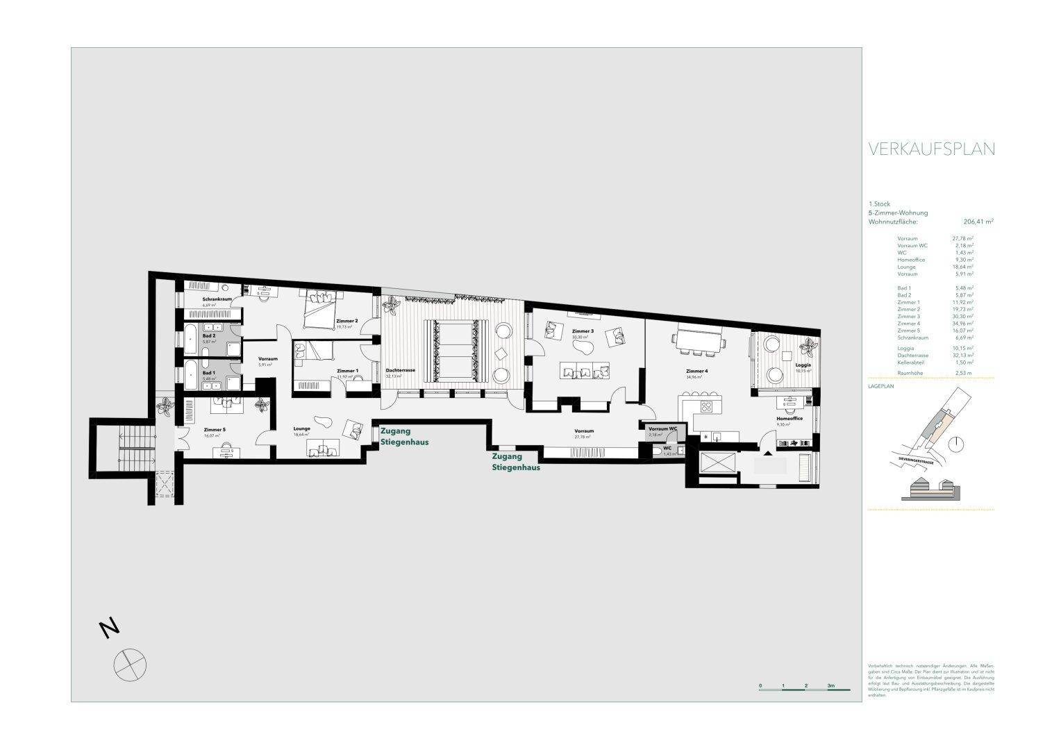 Detaillierter Grundriss einer 5-Zimmer-Wohnung mit offenem Wohnbereich, zwei Bädern und Loggia.