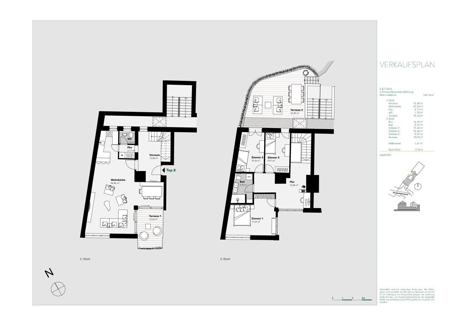 Grundrisspläne für zwei Etagen zeigen eine moderne Aufteilung mit mehreren Zimmern, Bädern und Terrassen.