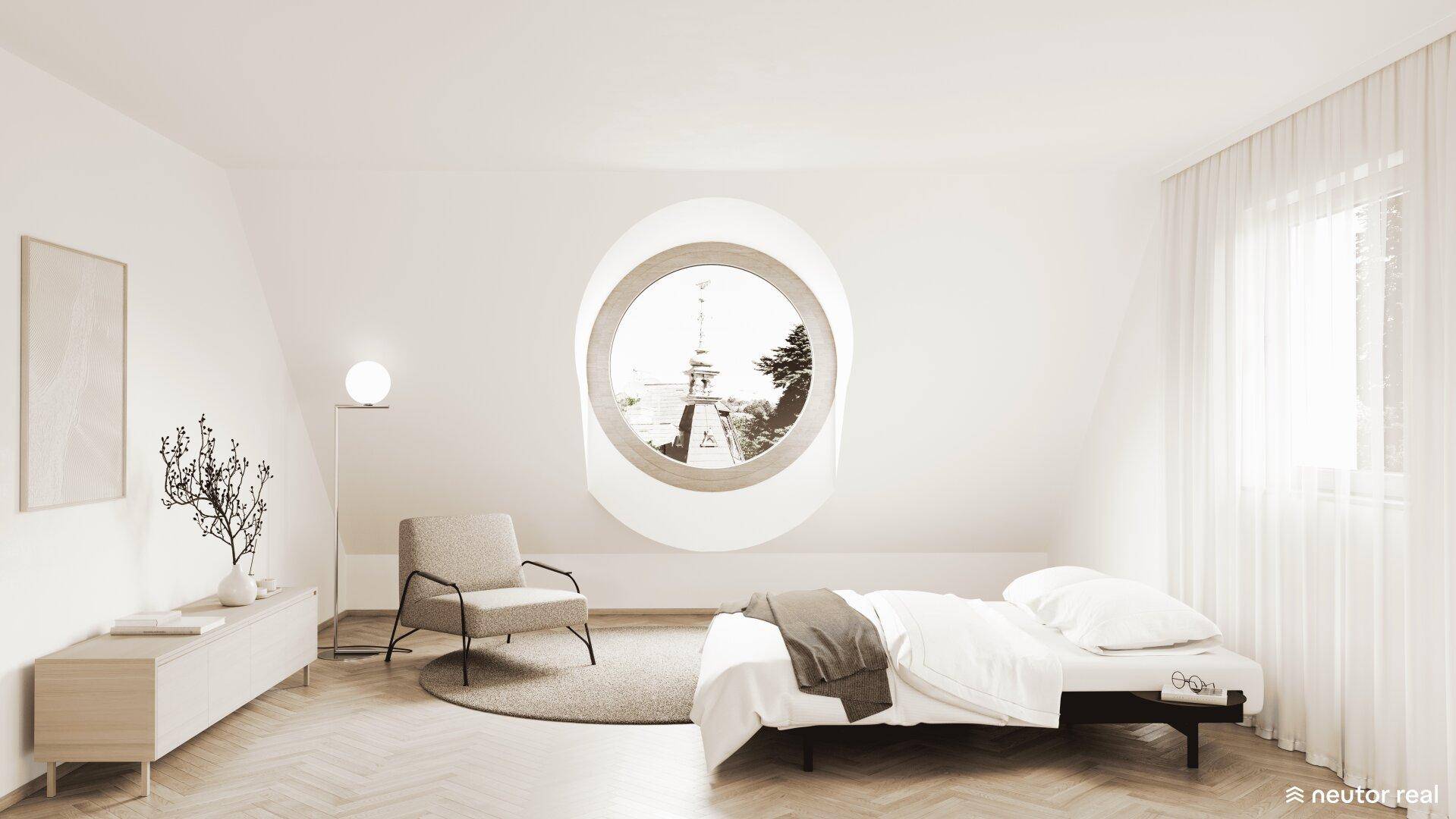 Helles Schlafzimmer mit modernem Design, Dachschräge und einem einzigartigen runden Fenster.