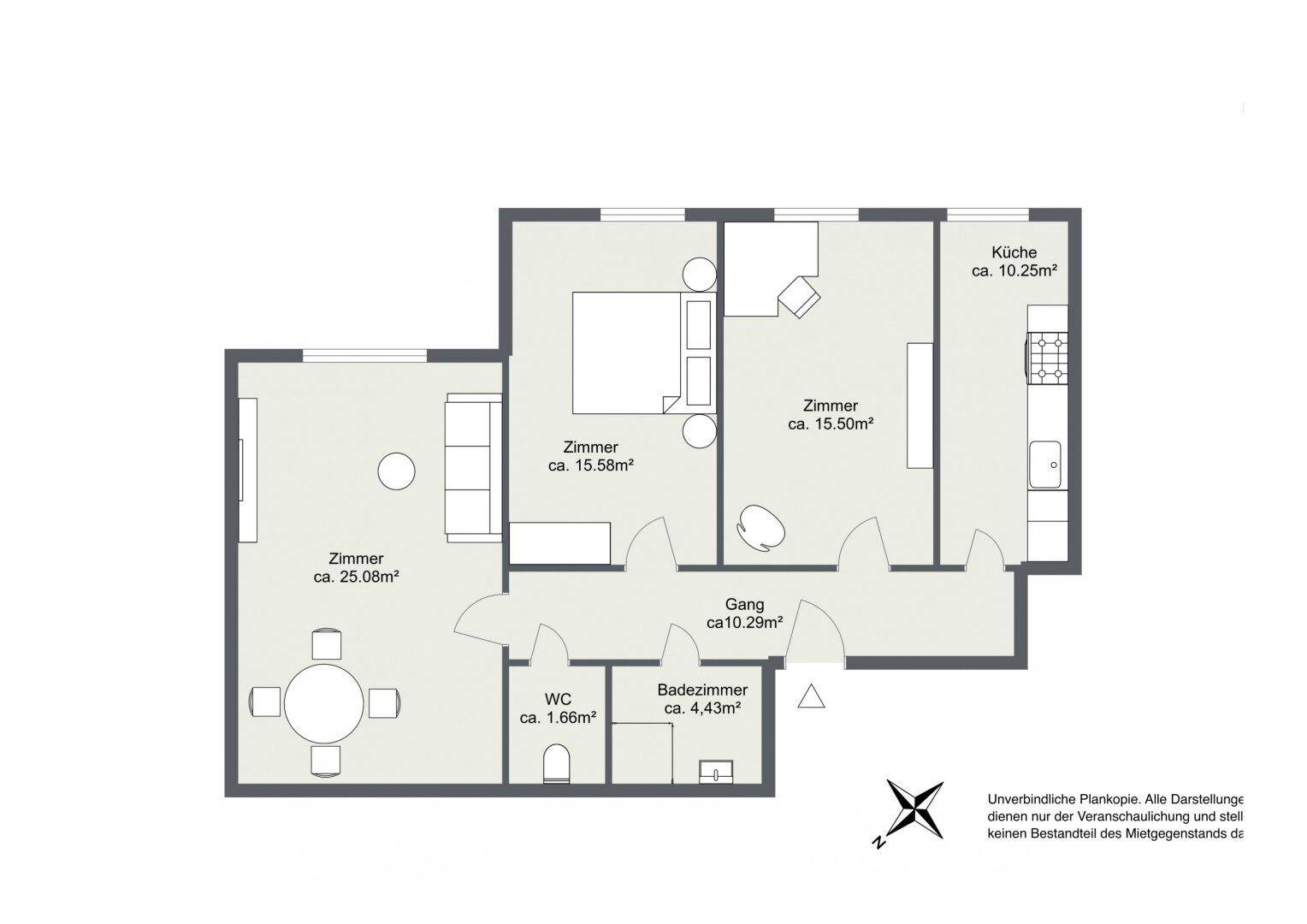 Grundriss der Wohnung mit drei Zimmern, Küche, Bad und separatem WC.
