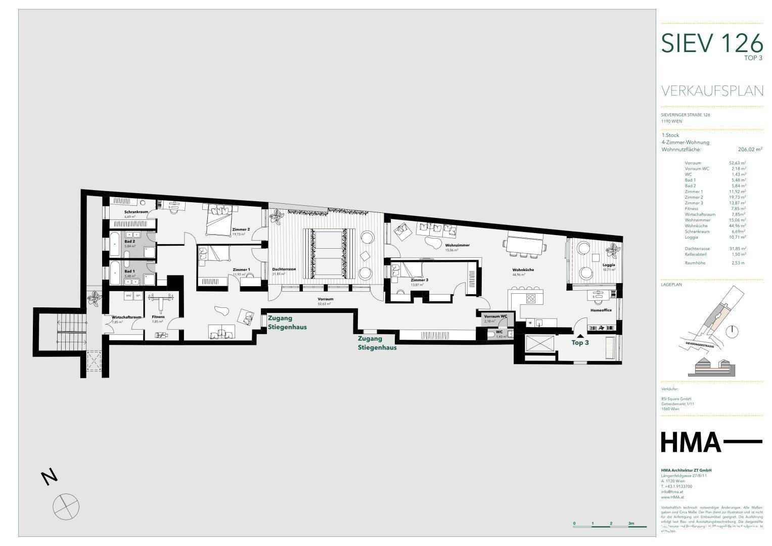 Detaillierter Grundriss einer 4-Zimmer-Wohnung mit offenem Wohnbereich, zwei Bädern und Zugang zu Balkon und Loggia.