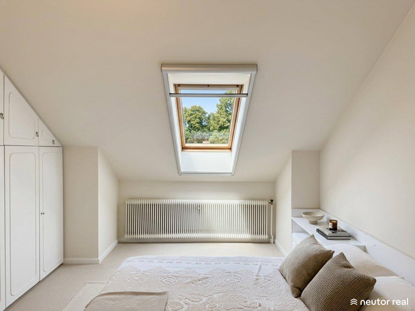 Helles Schlafzimmer im Dachgeschoss mit Dachfenster und Einbauschränken.
