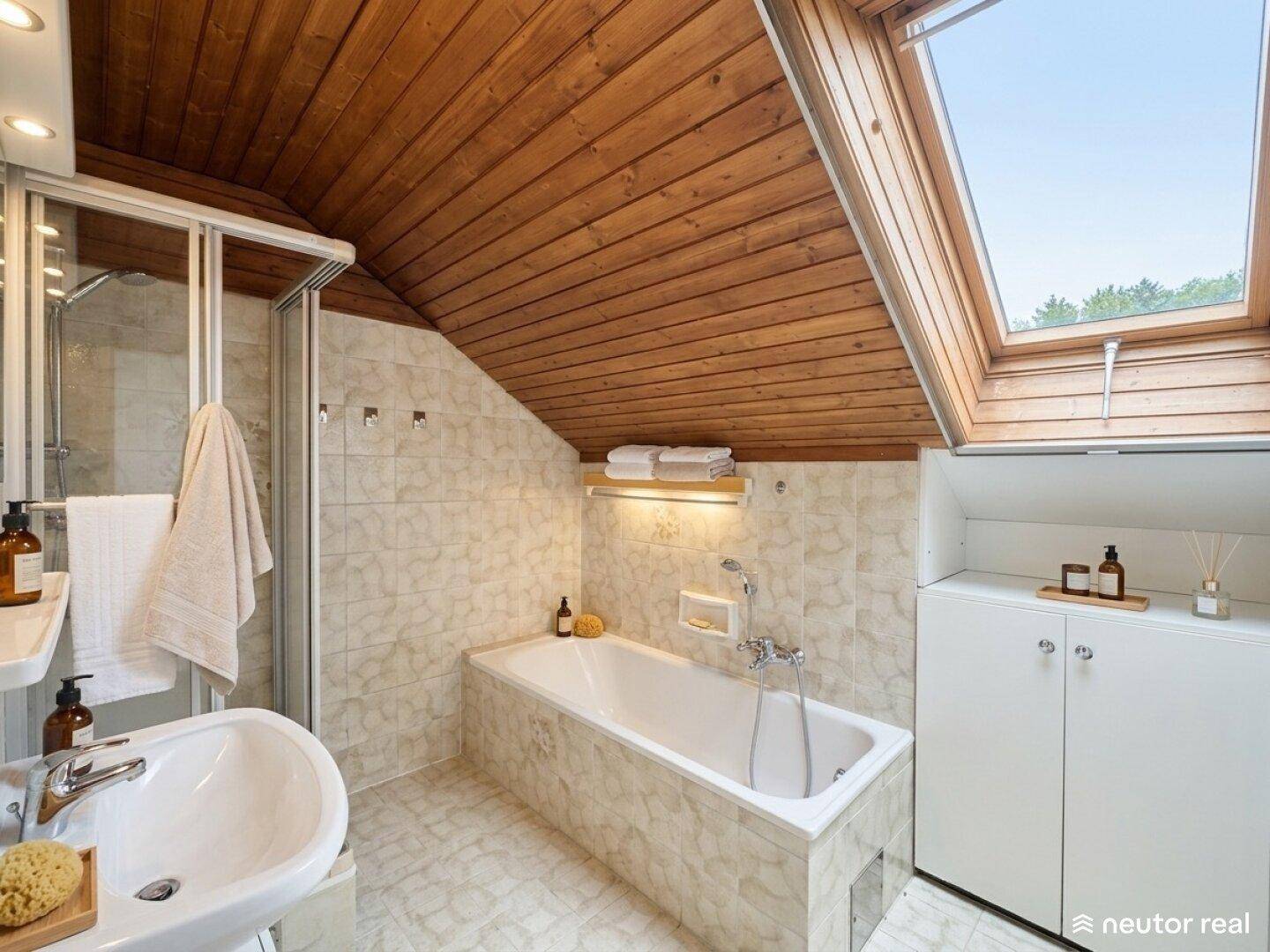 Badezimmer im Dachgeschoss mit Badewanne, Dusche, Dachfenster und Holzdecke.