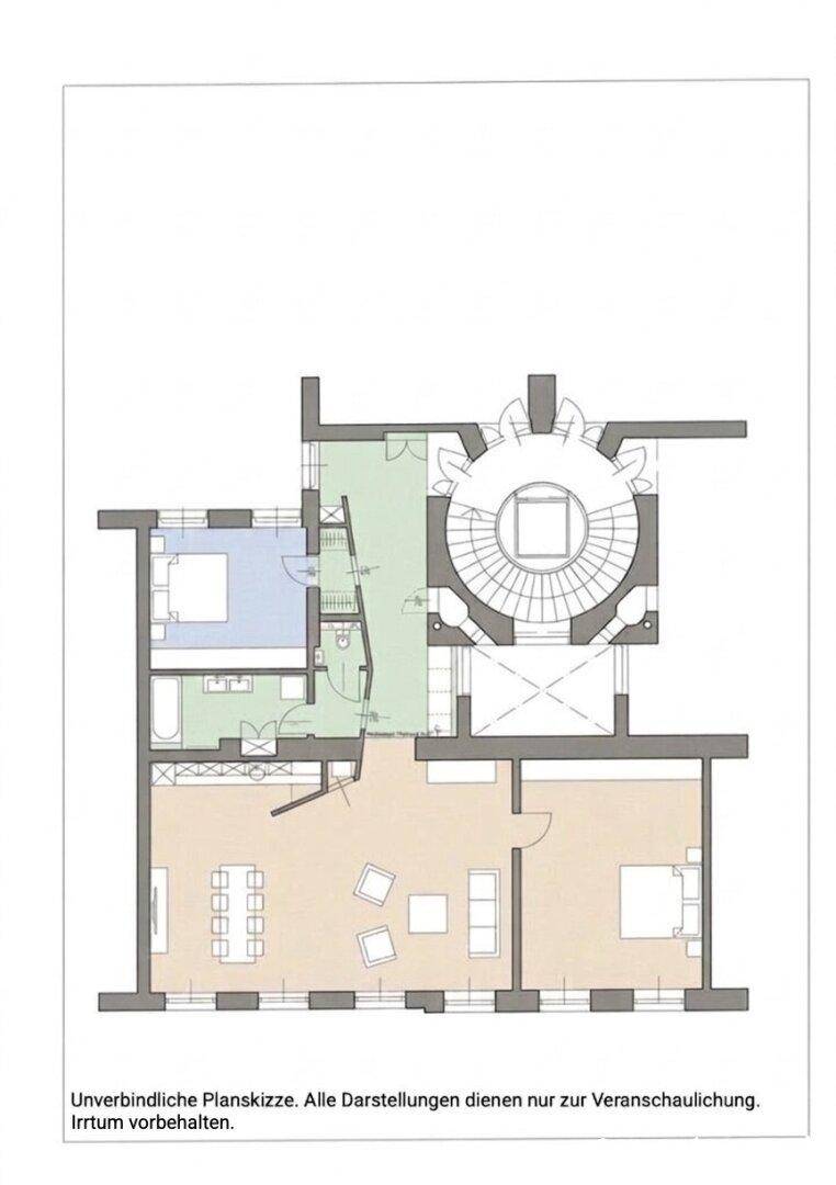 Grundriss einer Wohnung mit mehreren Zimmern, Bad und zentralem Treppenhaus.