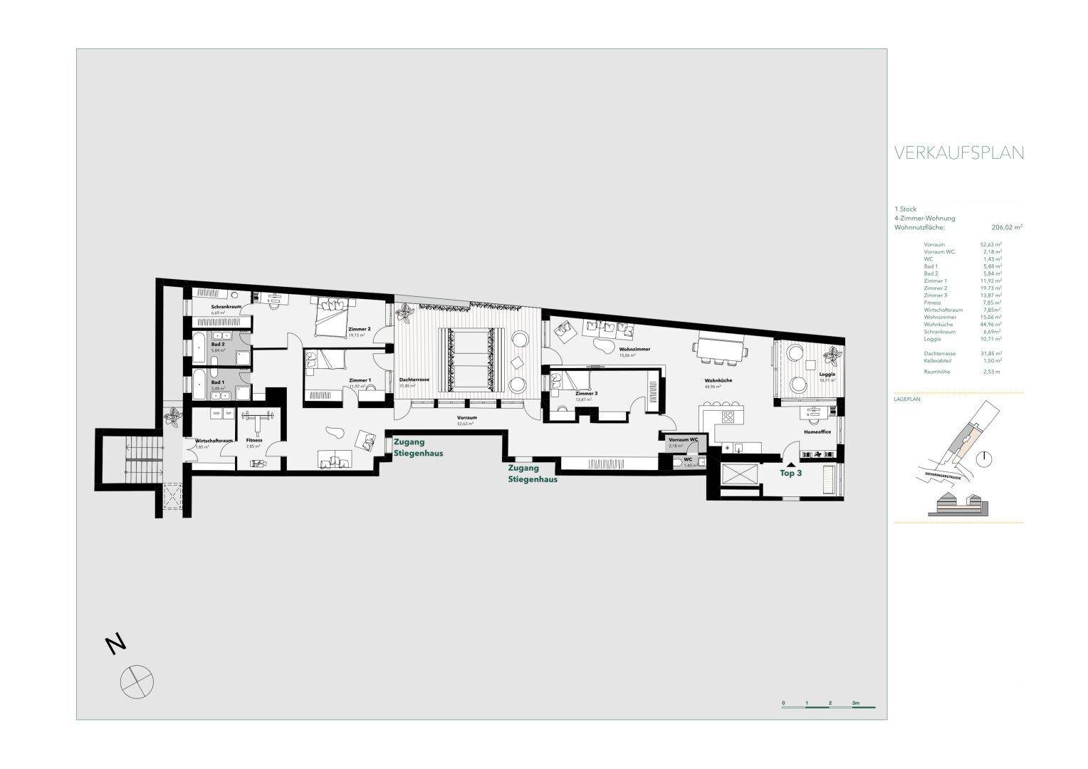 Grundriss einer Wohnung mit mehreren Zimmern, Bädern, Balkonen und Zugang zum Stiegenhaus.