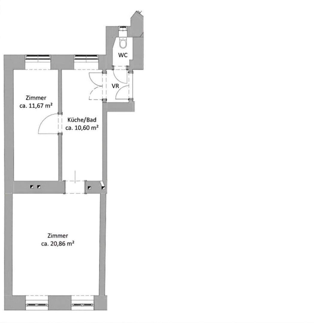 Grundriss mit Zimmern, Küche/Bad und WC, inklusive Flächenangaben in Quadratmetern.