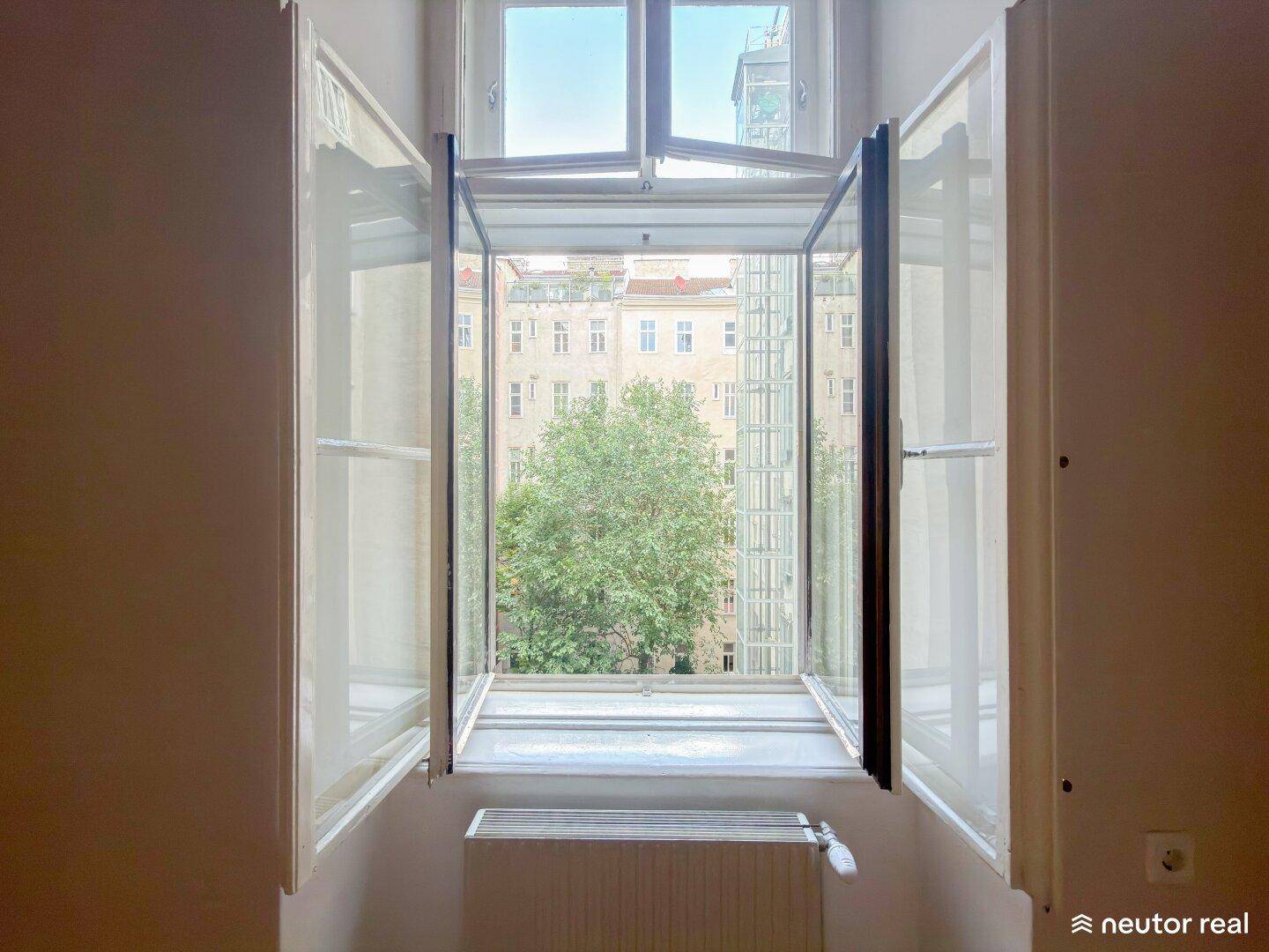 Blick aus dem Fenster auf einen grünen Innenhof mit Bäumen und umliegenden Gebäuden.