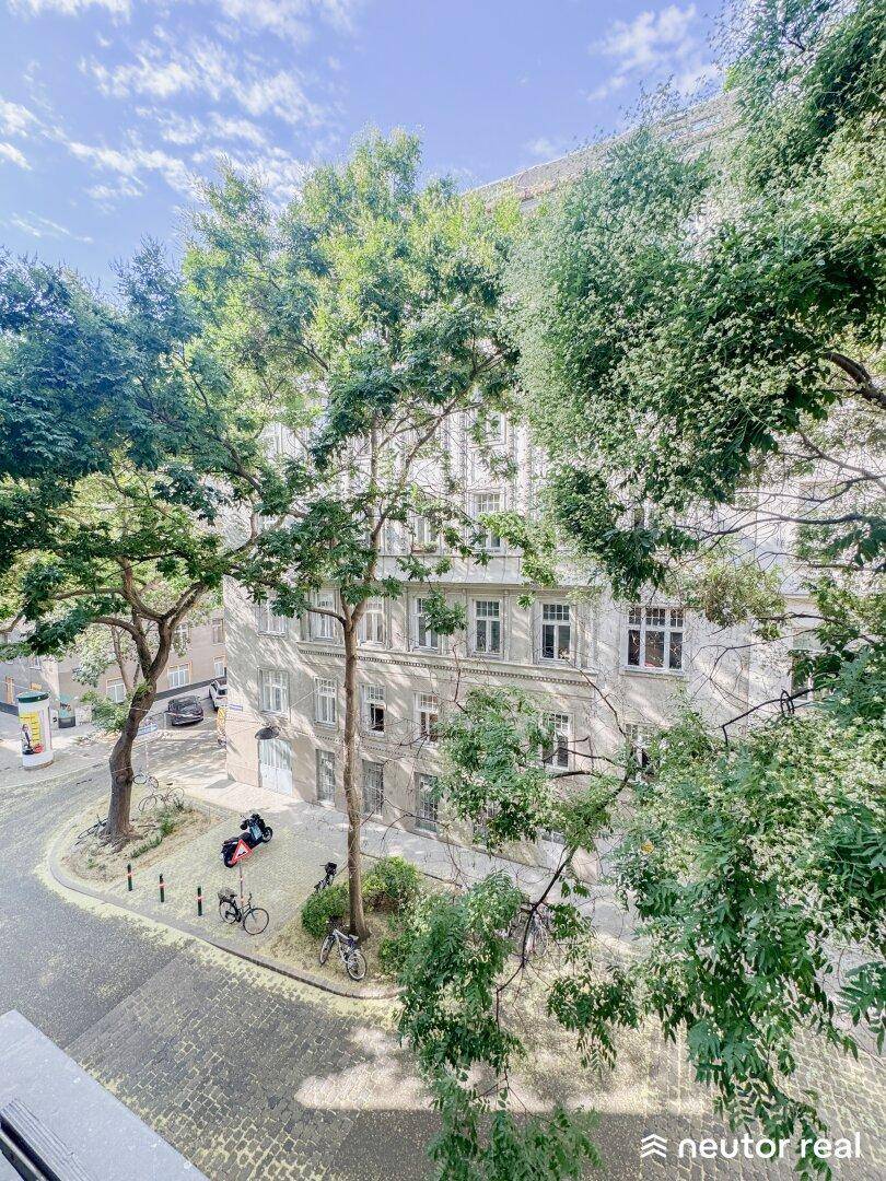 Weitläufiger Blick auf eine belebte Straße mit Bäumen und historischer Architektur.