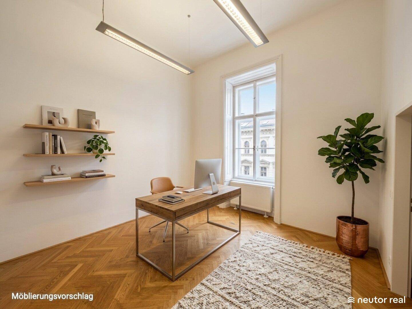 Möblierungsvorschlag für ein Büro mit Parkettboden, großem Fenster und modernen Regalen.