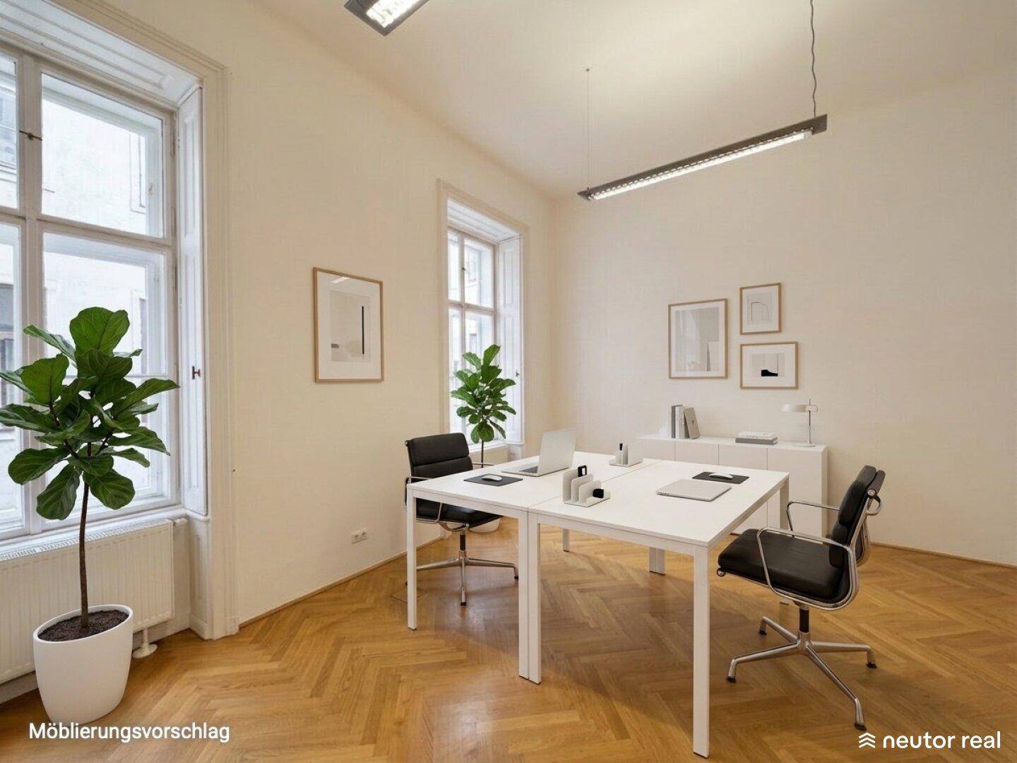 Möblierungsvorschlag für ein helles Büro mit Parkettboden, zwei Fenstern und modernen Möbeln.