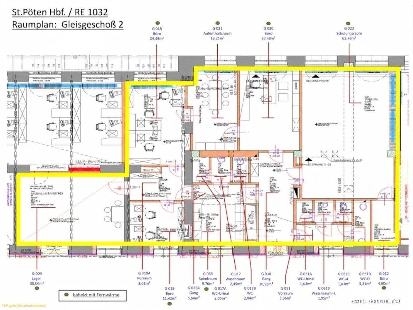 Detaillierter Raumplan des Gleisgeschosses 2 mit verschiedenen Büros und Sanitärbereichen.