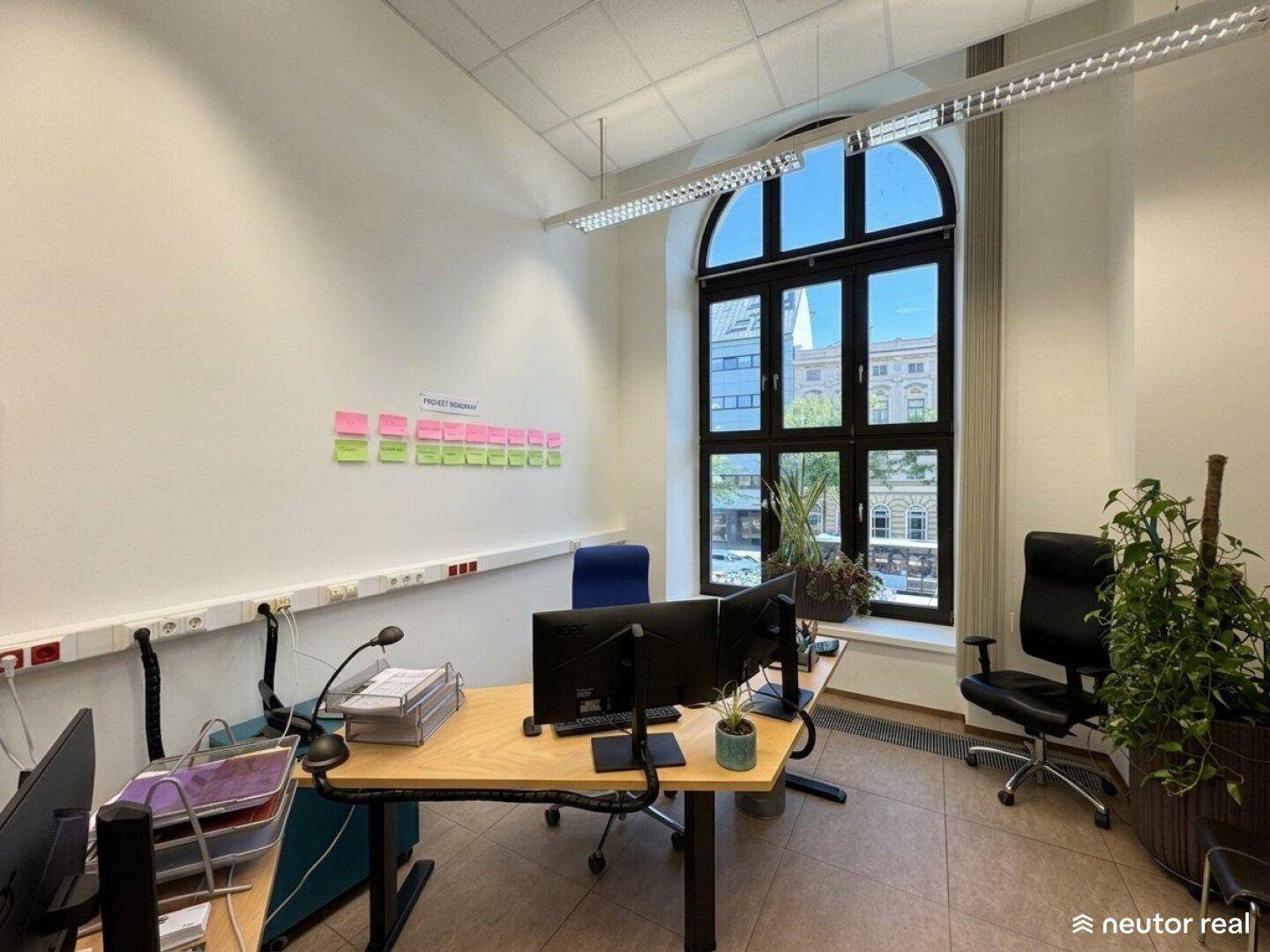 Arbeitsplatz in einem hellen Büro mit großem Rundbogenfenster und viel Tageslicht.