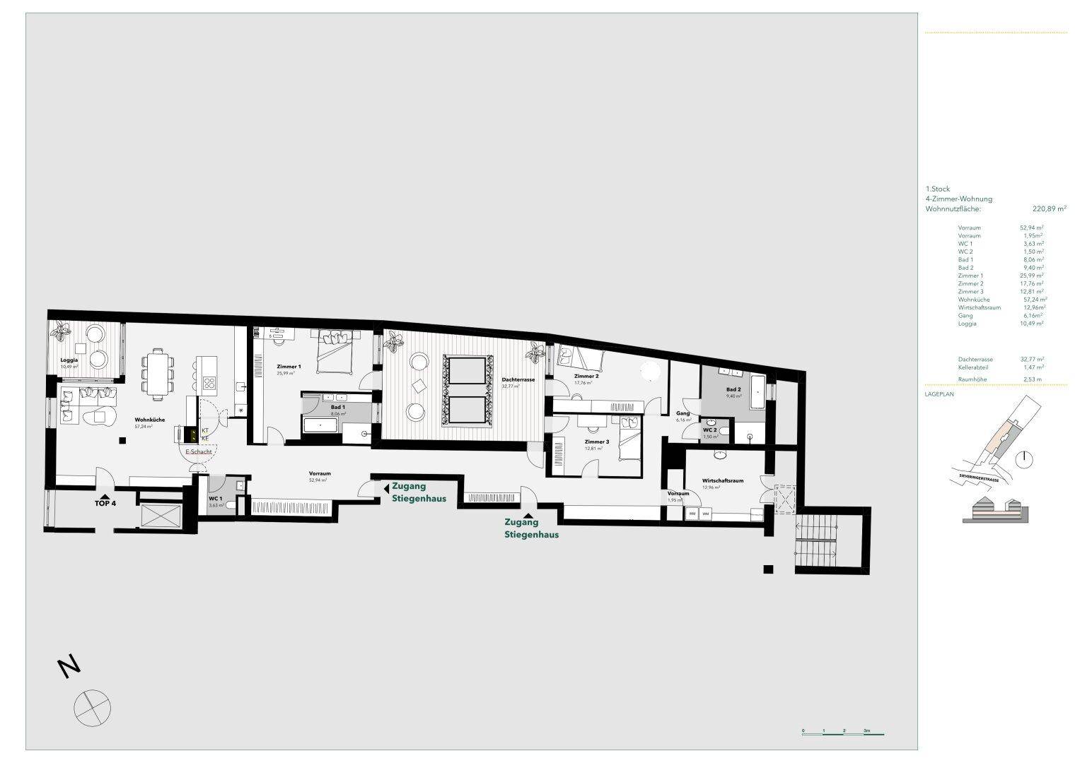 Detaillierter Grundriss einer 4-Zimmer-Wohnung mit Loggia und mehreren Bädern.