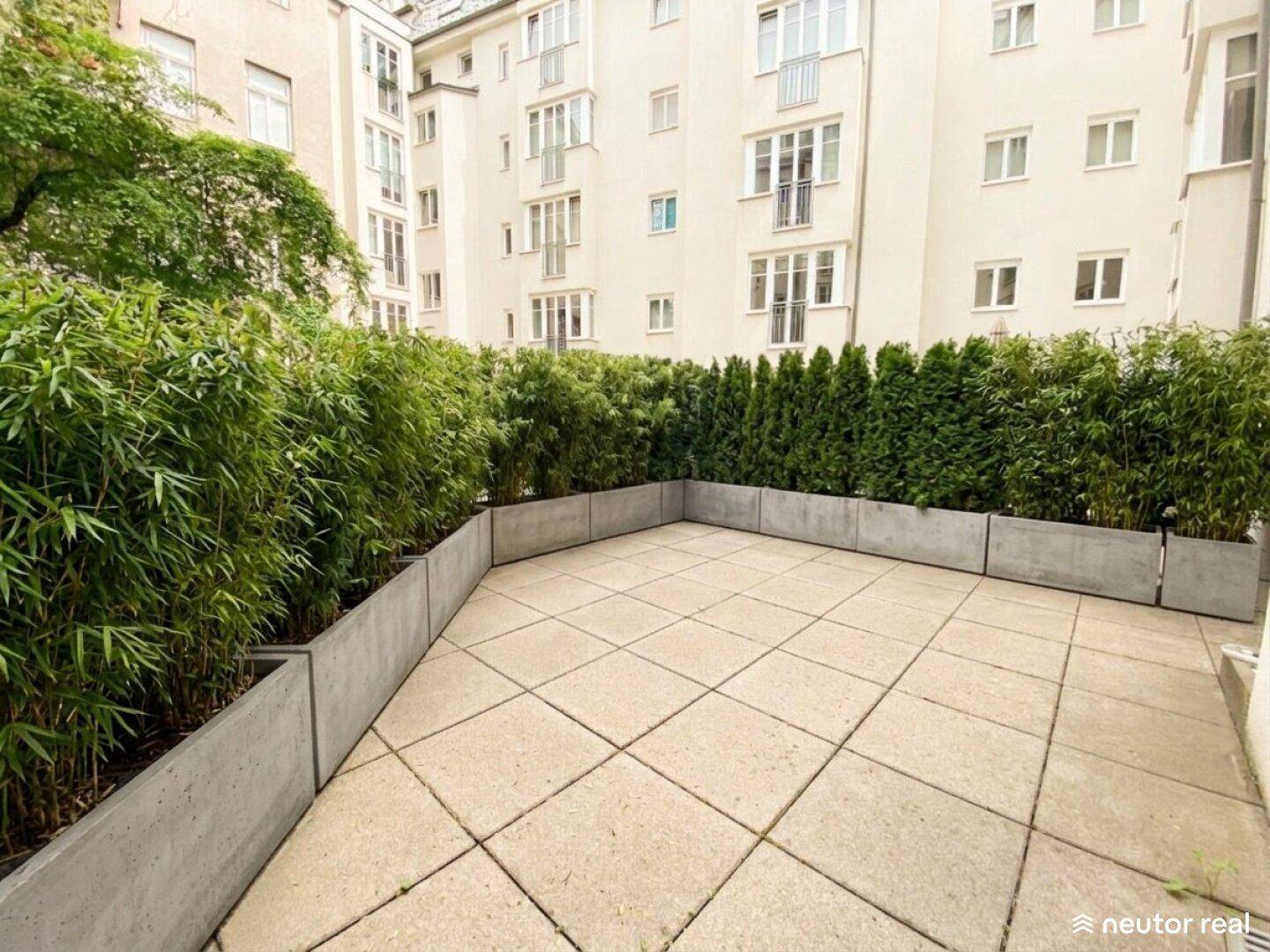 Gepflasterte Terrasse mit hohen Pflanzenkübeln und grüner Bepflanzung im Innenhof.