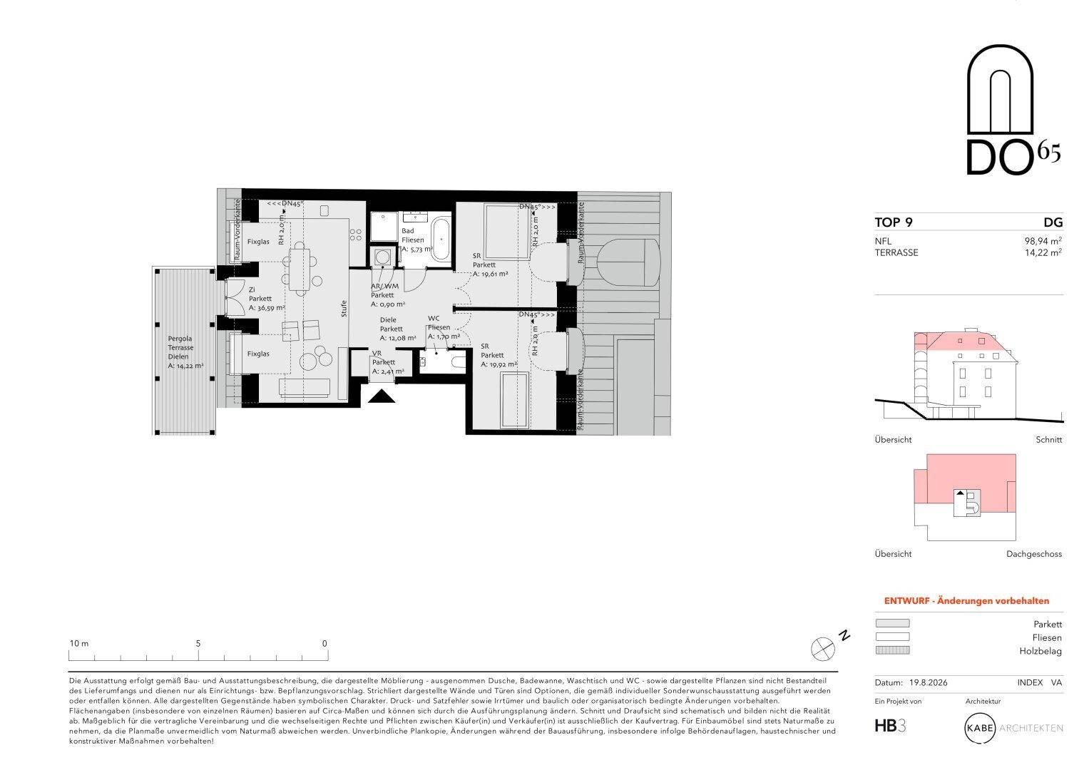 Grundriss einer Dachgeschosswohnung mit offenem Wohnbereich, zwei Schlafzimmern, zwei Bädern und einer großen Terrasse mit Pergola.