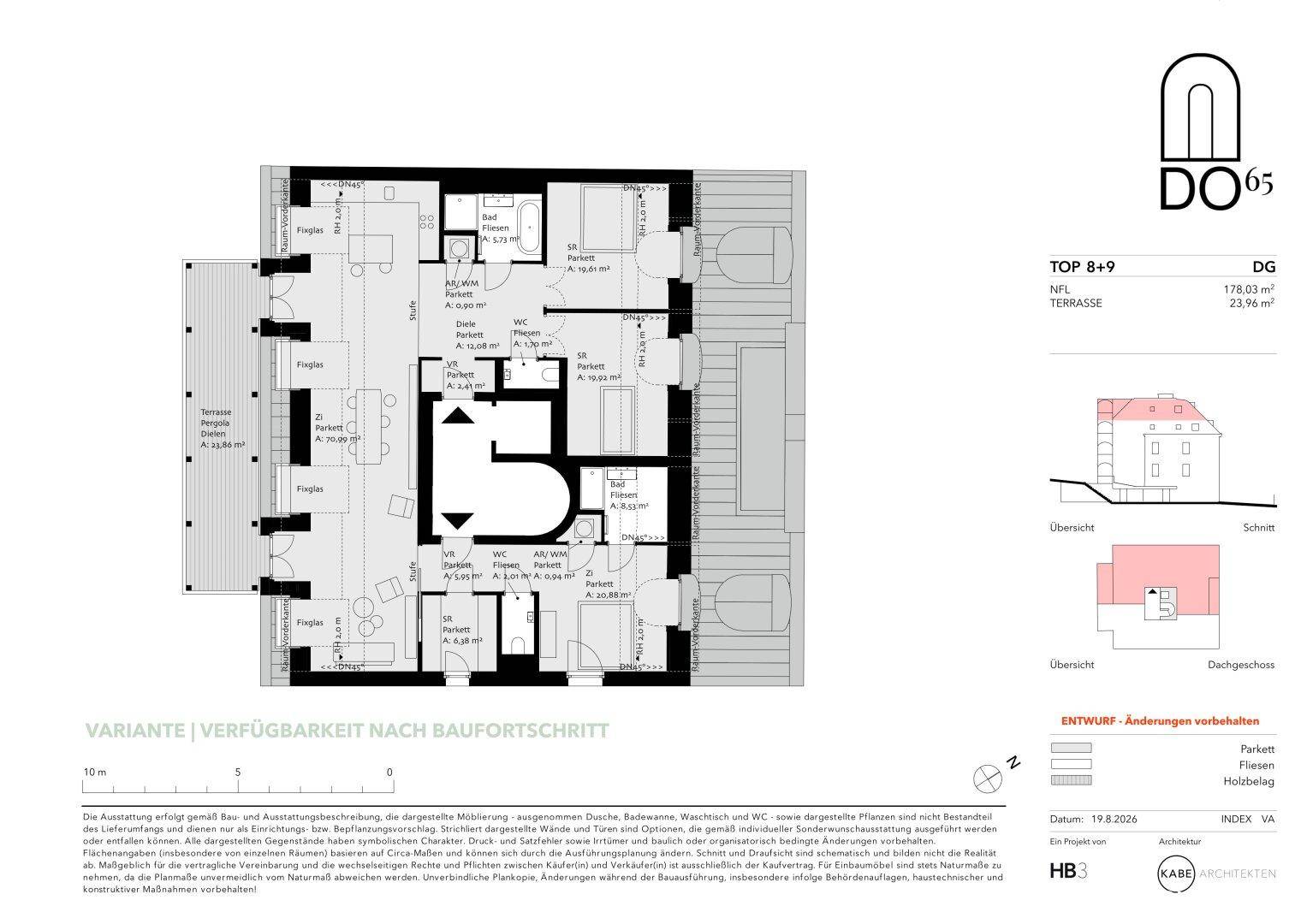 Detaillierter Grundriss einer Dachgeschosswohnung mit offener Wohnküche, mehreren Schlafzimmern, Bädern und großer Terrasse.