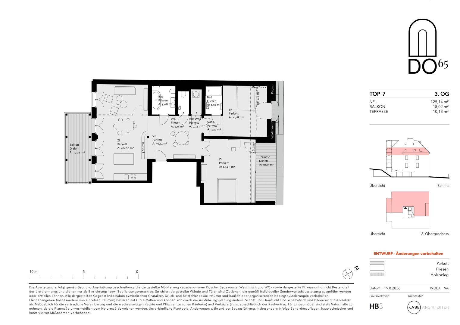 Grundriss einer modernen Penthouse-Wohnung im 3. Obergeschoss mit offenem Wohnbereich, drei Schlafzimmern, zwei Bädern, Balkon und großer Terrasse.