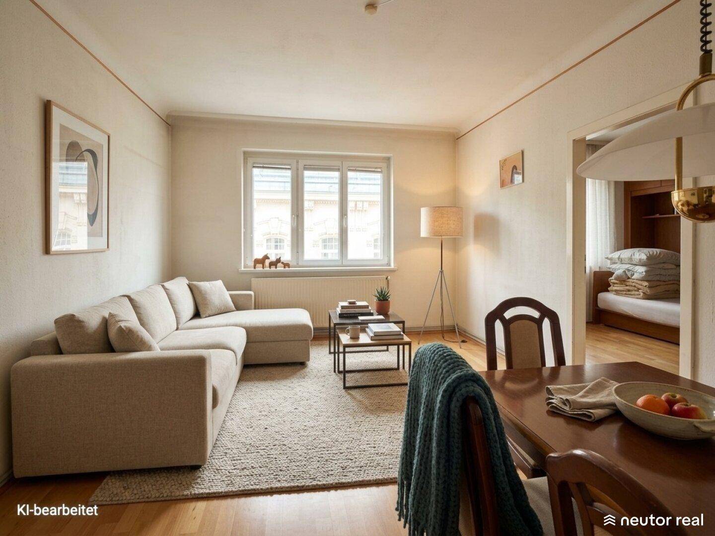 Gemütlicher Wohn- und Essbereich mit beigem Sofa, Holzboden und Teppich.