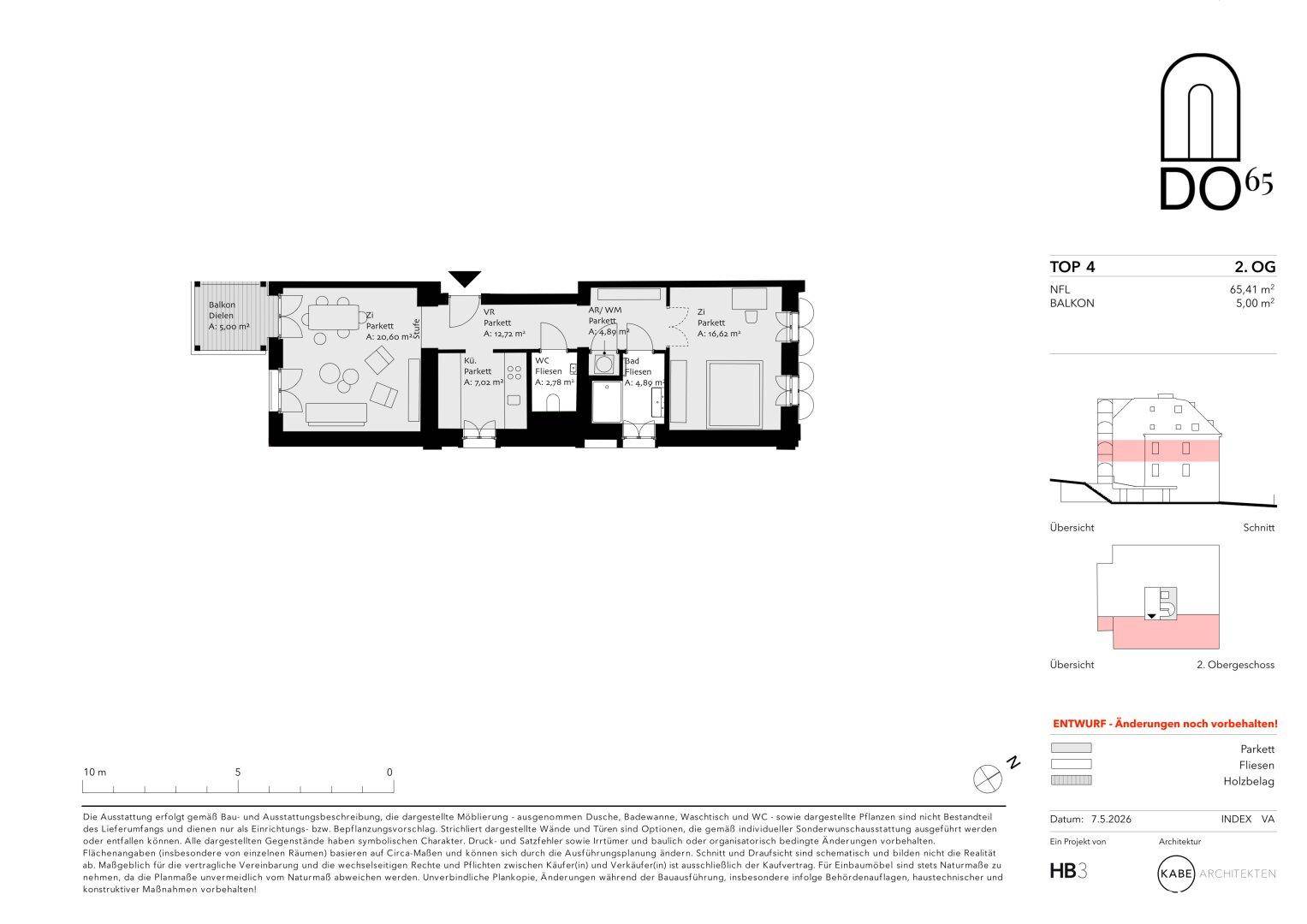 Grundriss einer Wohnung mit offenem Wohn-Essbereich, Küche, Schlafzimmer, Bad und separatem WC, inklusive Balkon.