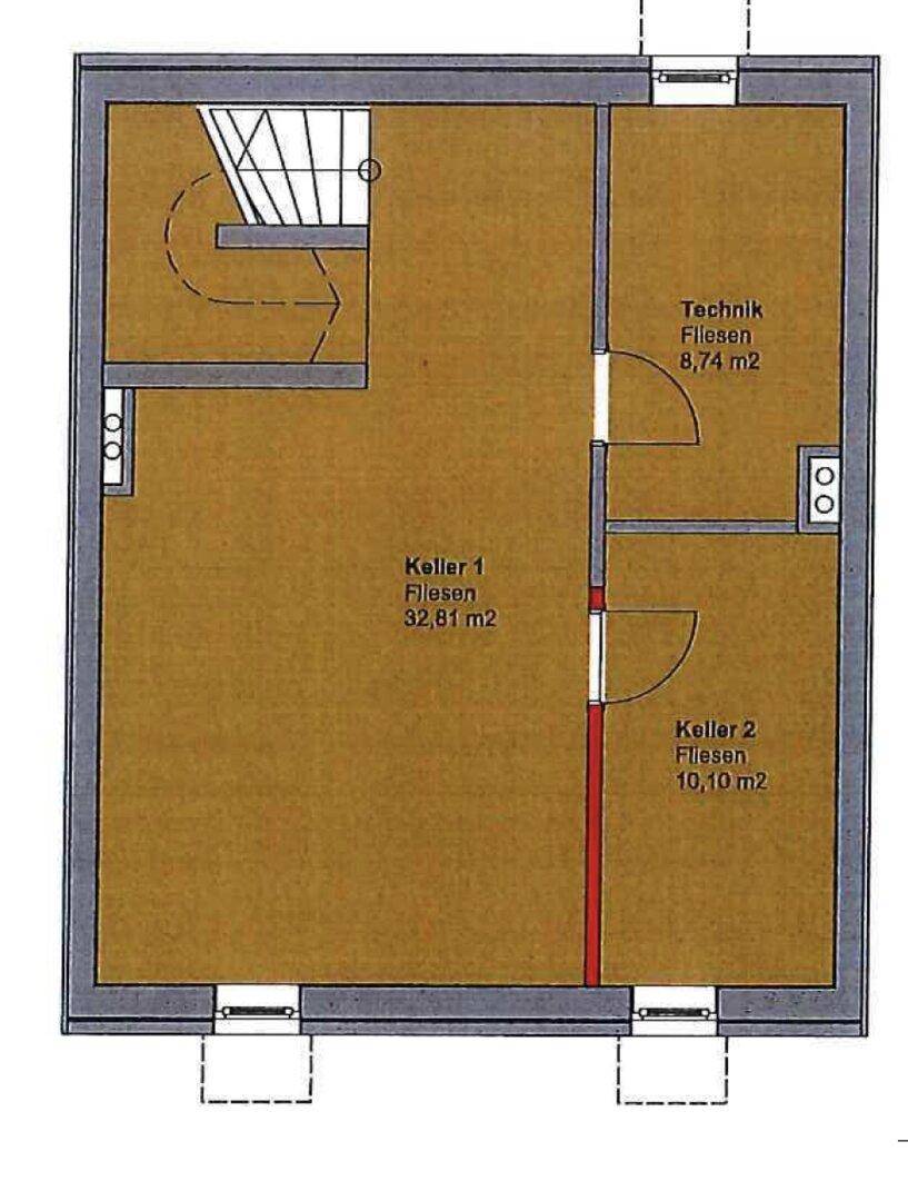 Grundriss des Kellergeschosses mit zwei Kellerräumen, Technikraum und Treppenabgang.