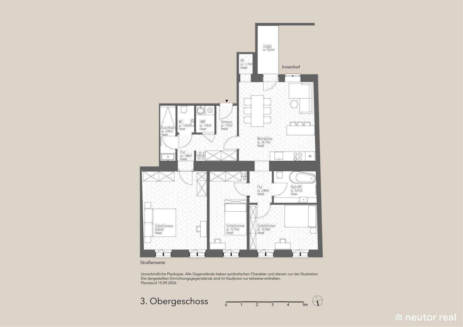 Grundriss einer Wohnung mit drei Schlafzimmern und offenem Wohnbereich.