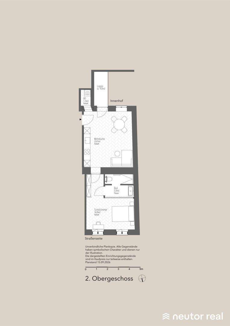 Grundriss des zweiten Obergeschosses mit Schlafzimmer, Wohnbereich und Loggia zum Innenhof.