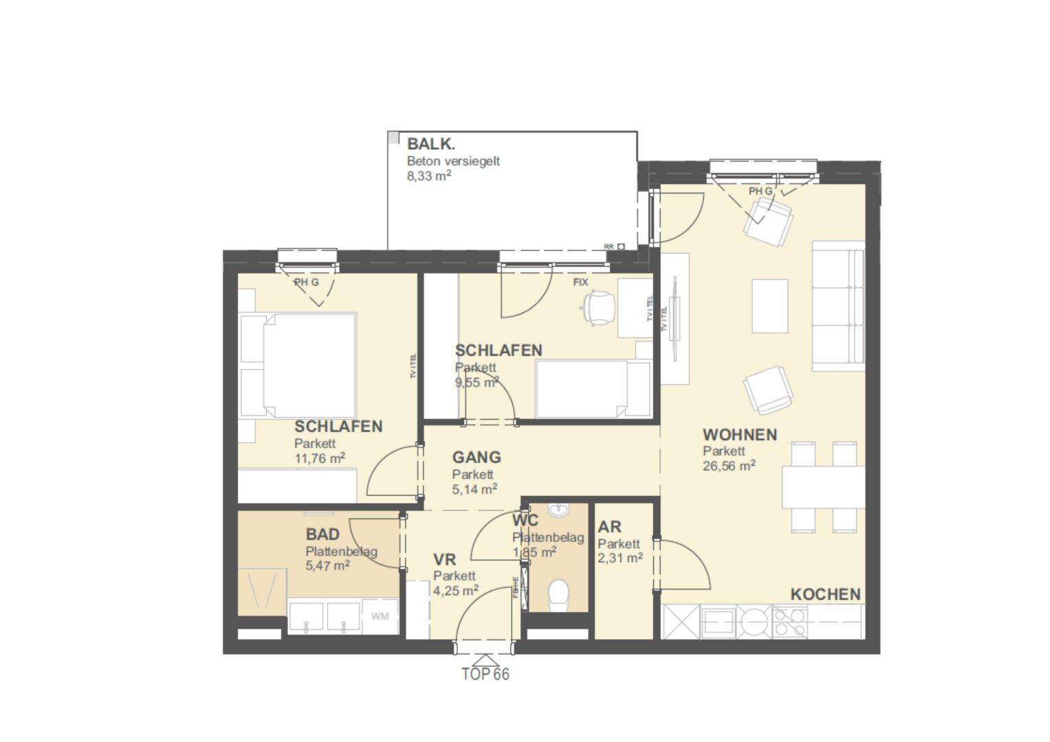 Grundriss einer Wohnung mit zwei Schlafzimmern, offenem Wohnbereich und Balkon.