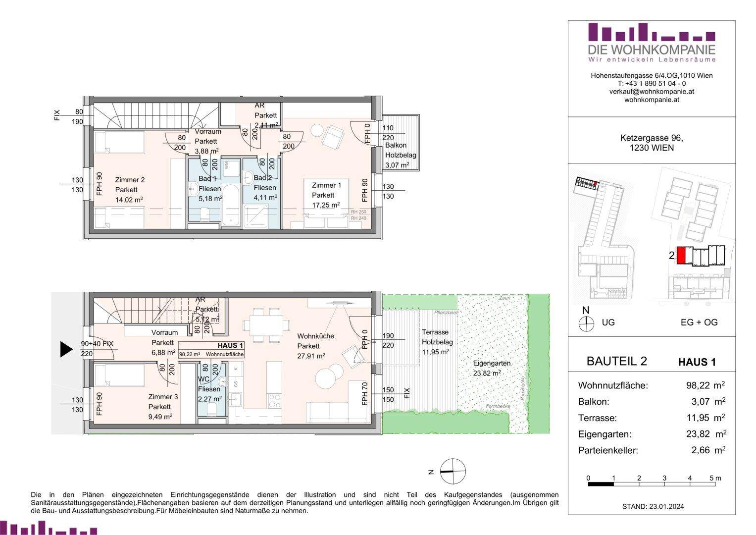 Grundriss für Haus 1 mit zwei Etagen, Balkon, Terrasse und Gartenbereich.