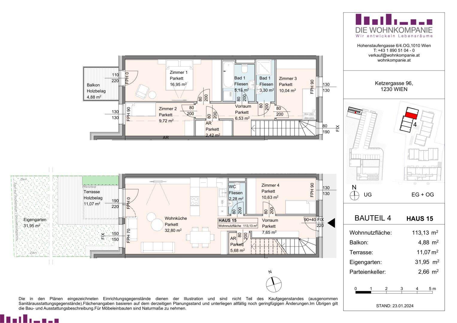 Grundriss zeigt eine Wohnung mit Wohnküche, drei Zimmern, Balkon, Terrasse und Garten.