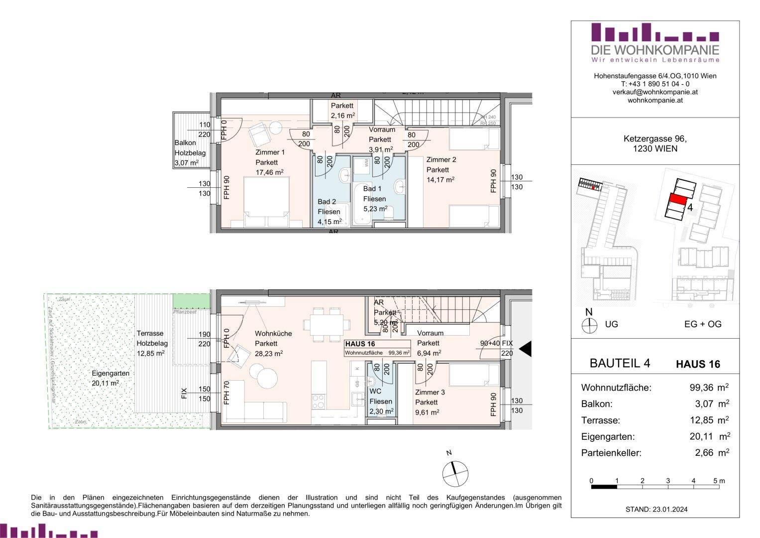 Grundrissplan für Haus 16 mit zwei Ebenen, Terrasse, Eigengarten und Balkon.
