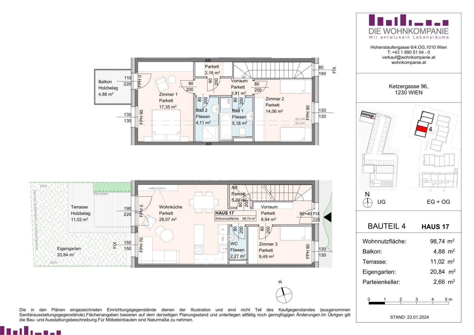 Detaillierter Grundriss von Haus 17 mit zwei Ebenen, Balkon, Terrasse und Eigengarten.