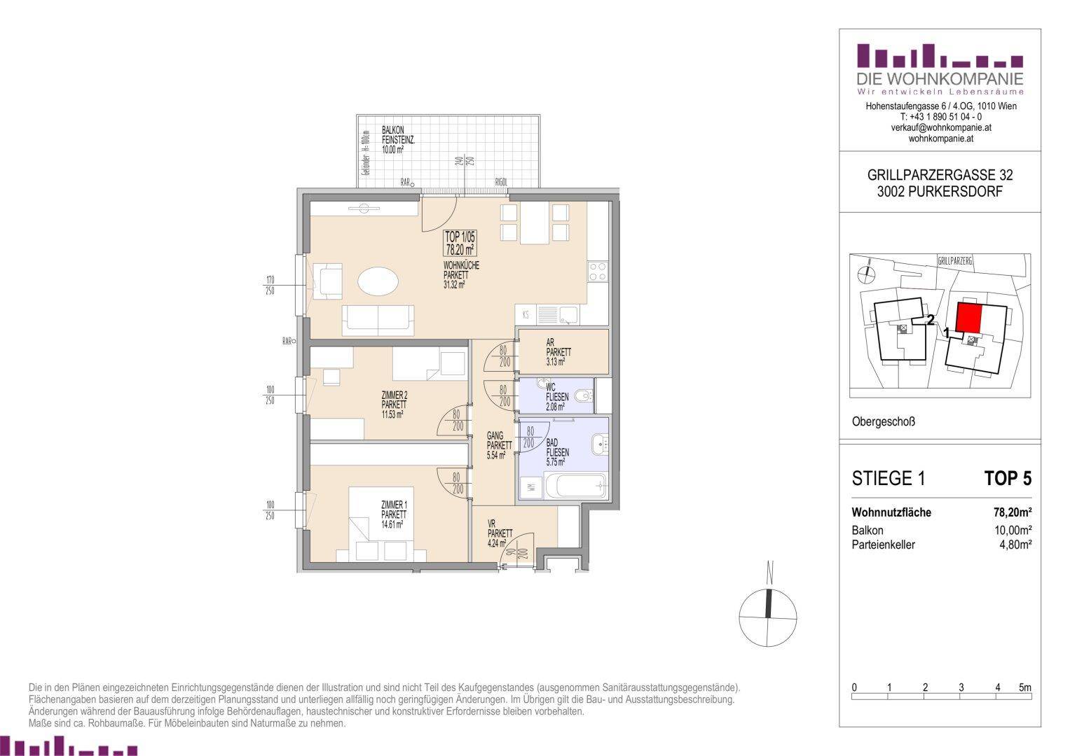 Grundriss der Wohnung Top 5 mit Balkon, zwei Schlafzimmern und offenem Wohnbereich.