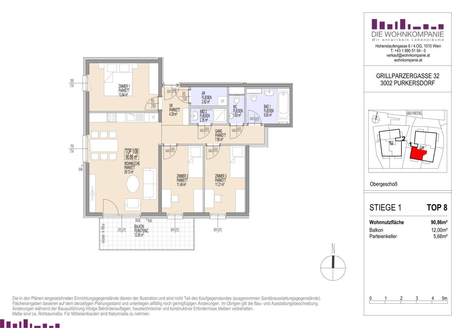 Detaillierter Grundriss einer Wohnung mit drei Zimmern und Balkonzugang.