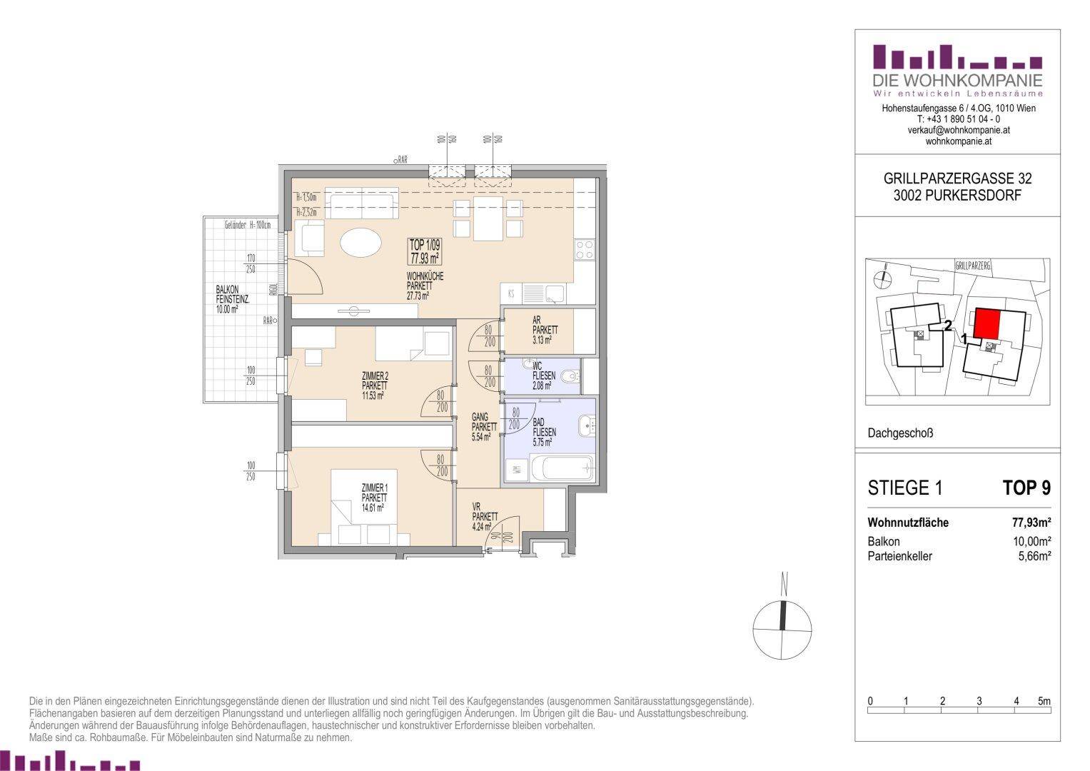 Grundriss der Dachgeschosswohnung mit 77,83m² Wohnfläche und Balkon.